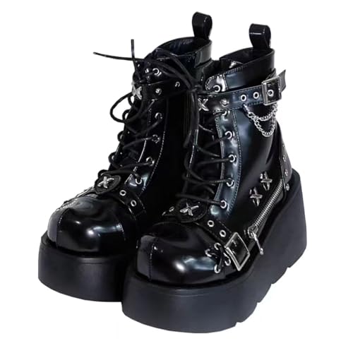 Ulalaza Bottines gothiques pour femmes avec plateforme et boucles chauve-souris, talons épais, bout rond, fermeture éclair, bottes de combat de moto punk, bottines...