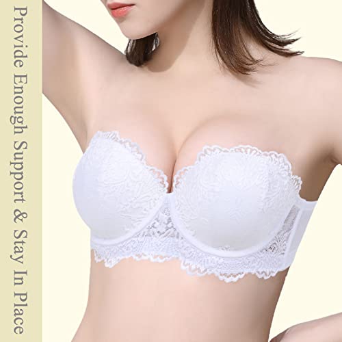 YBCG Push Up Strapless Convertible Clear Straps Balconette Lace Padded Add 2 Cups Underwire Sexy Bra White 38B - Image 3
