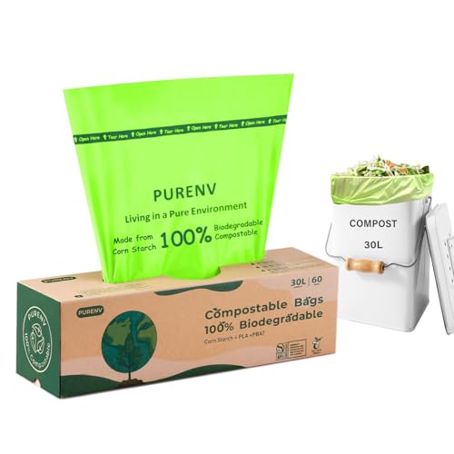 PURENV 30L Compostable Sac Poubelle, 60 Sachets Biodégradables à Déchets, 100% compostable et biodégradable, acec Certifié EN13432