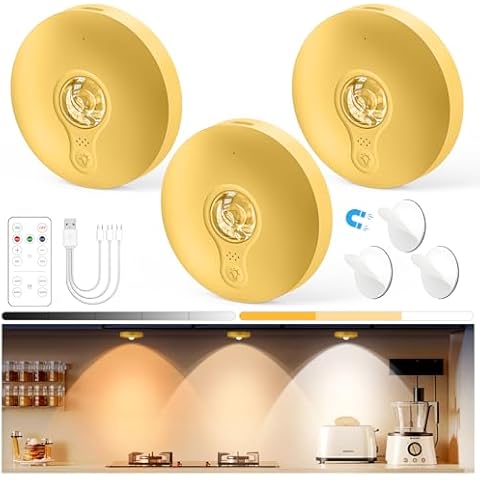 Yiliaw Rechargeable LED Puck Lights with Remote Control, 1500mAh Magnetic Under Cabinet Lighting, Closet Lights Push Lights, Tap Light, Under Counter Lights for Kitchen, 3 Pack, Gold Cover