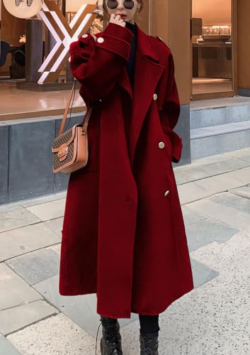 chouyatou Women's Winter Double Breasted Midi Long Wool Pea Coat Notch Lapel Winter Trench Coat - Image 4