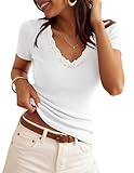 ZESICA Women's Summer 2026 Short Sleeve Lace V Neck Tops Fitted Ribbed Knit Casual Basic T Shirts Y2k Going Out Work Blouses, White, M