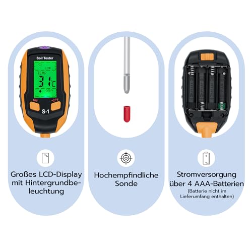 Tolesum 4-in-1 Bodenmessgerät Digital: Bodentester für pH-Wert, Bodenfeuchtigkeit, Temperatur & Sonnenlicht - LCD Bodenfeuchtemessgerät mit Hintergrundbeleuchtung für Garten, Zimmerpflanzen, Rasen