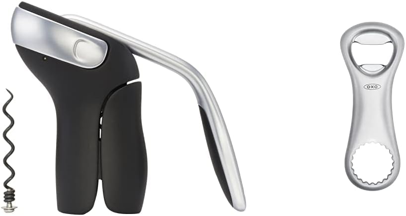OXO Steel Vertical Lever Corkscrew with Removable Foil Cutter and OXO SteeL Bottle Opener
