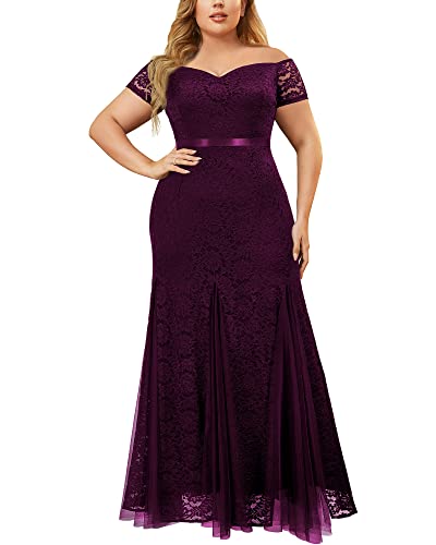 Image of Miusol Women's Plus Size Formal Off Shoulder Vintage Floral Lace Mermaid Maxi Evening Party Dress