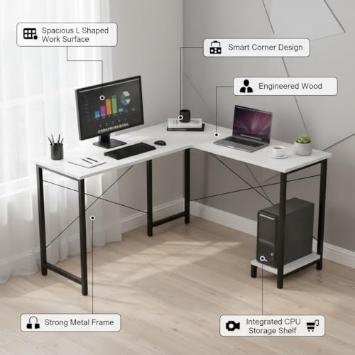 Image of RIZIK Store L-Shaped Computer Desk | 50-Inch Corner Gaming & Study Table with Engineered Wood Top, Metal Frame & CPU Shelf | Writing Workstation for Bedroom, Office & Small Rooms (White)