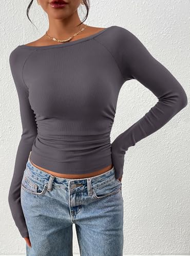 PRETTYGARDEN Long Sleeve Shirts for Women 2025 Fall Ruched Sides Boat Neck Basic Tee Casual Fitted Ribbed Knit Crop Tops