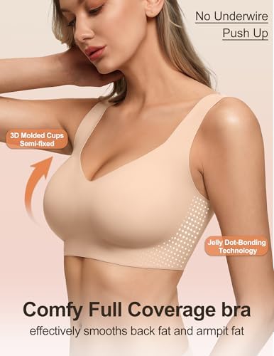 Showyoo Jelly Bras for Women No Underwire Pullover Wireless Bra Full Coverage Seamless Bralettes T Shirt Wide Straps Sleep Everyday Sports Bras Nude XL - 3