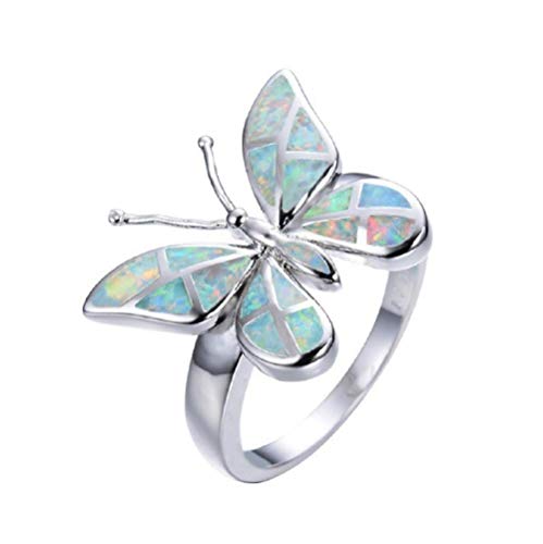 Lzz Fashion Lady Beautiful Butterfly 925 Sterling Silver White Fire Opal Ring Bridal Wedding Jewelry Size 6-10 (US code 7)