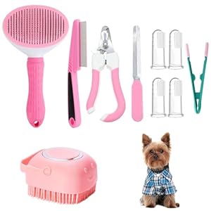 10 Pcs Cat Dog Brush Grooming Kits, Pet Self Cleaning Kit with Pet Nail Clipper and File, Pet Eye Brush，Flea Comb, Pet Shampoo Bath Brush, Dog Cat Shedding Brush, Silicone Toothbrush (Pink)
