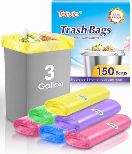 Image of Small Trash Bags 3 Gallon 150 Count Small Trash Bags Colorful Small Garbage Bags, Trash Can Liners for Bathroom Home Office Kitchen Bedroom, fit 5-10 Liter, 1,1.2,1.6,2,2.6,3 Gal,Multicolor