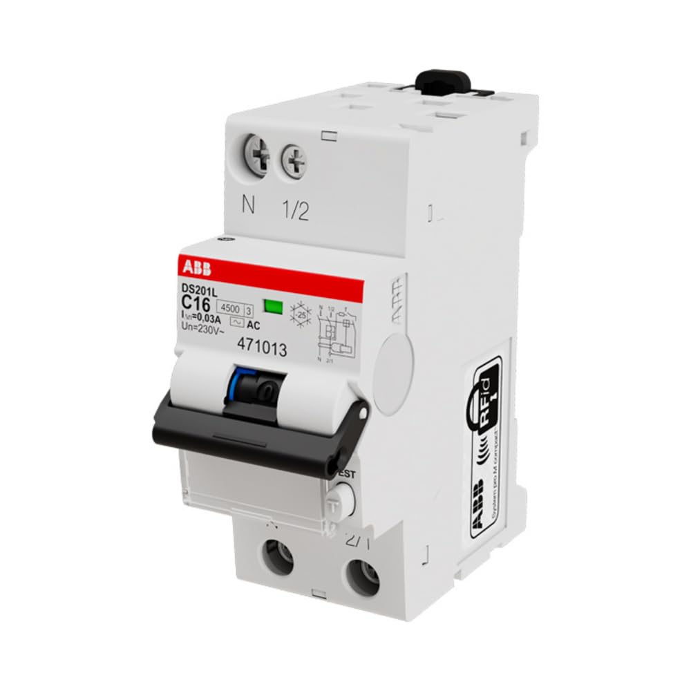 ABB RCBO DS201 FI/LS-Schalter 16A, 1P+N-polig Typ C, Empfindlichkeit 30mA, DIN-Schienen-Montage