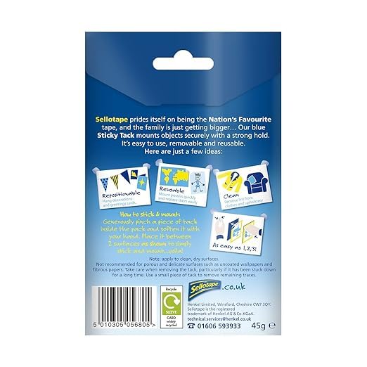 Image of Sellotape Sellotac Sticky Tack for Home & Office, Reusable Adhesive ideal for hanging Photos, Cards or Decorations, can be repositioned and reused, strong hold, easy to use, no mounting needed, 45g x2