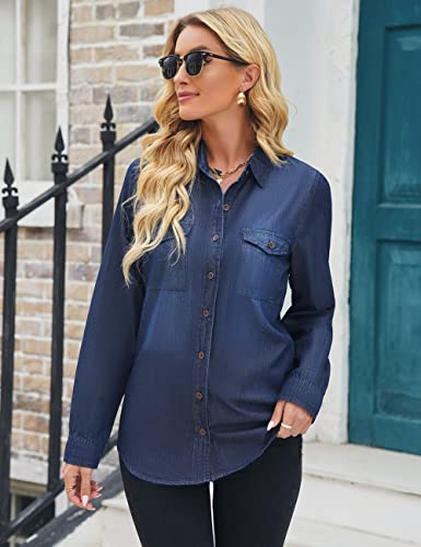 Vetinee Women's Button Down Denim Shirt Collared Casual Long Sleeve Pocket Tops3