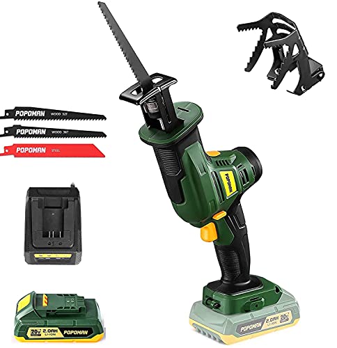 POPOMAN 20V Cordless Reciprocating Saw, 2800 SPM, 4/5'(20mm) Stroke Length, 2.0Ah Battery & Fast Charger, Variable Speed, 3 Saw Blades for Metal & Wood Cutting - PMRS01D