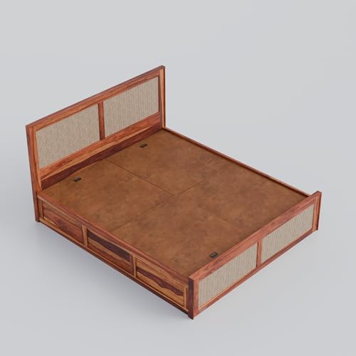 Image of DRIFTINGWOOD Amber Solid Sheesham Wood King Size Bed with Box Storage | Rattan Cane Headboard & Footboard Wooden Bed for Bedroom | Honey Finish (Self Assembly Required)