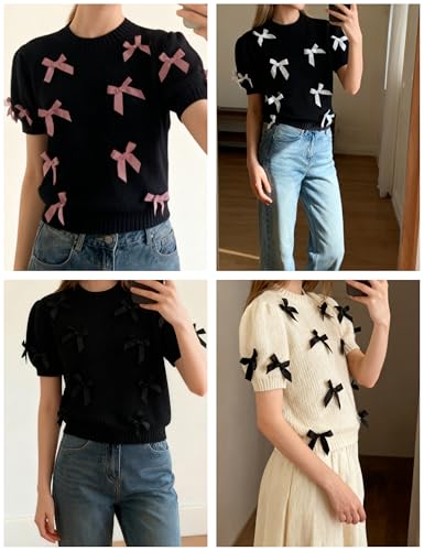 Image of Women's Sweaters Knitted Crewneck Puff Bubble Short Sleeve Pullover Tops Casual Bow T Shirts Chic Blouses
