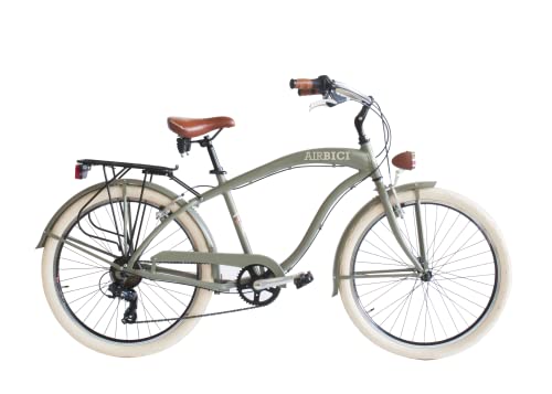 Airbici Bicicleta Cruiser Hombre 26' Verde | Bicicleta de Paseo Ruedas Anchas 26 Pulgadas | Bici Beach Cruiser 26', 6 Velocidades, Chasis de Aluminio, Guardabarros, Luces LED y Portaequipajes