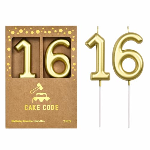 CAKE CODE 2.76 Inch Classical Gold 16 Number Birthday Candles Gold Number Candles Cake Number Candles Party Celebration