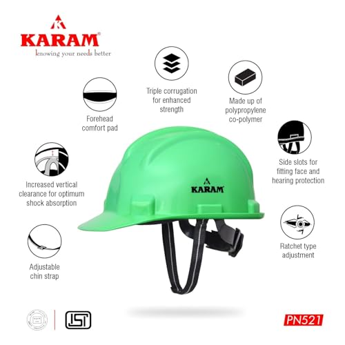 Image of KARAM PN521 Safety Helmet for Men Construction Helmet | Ratchet Type Adjustment with Adjustable Chin Strap | Work Helmet with Side Slot for Attachment | is:2925:1984 Certified | HYD Green | Pack of 5