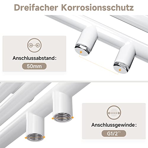 SUNXURY Badheizkörper Elektrisch Weiß 1150x600 mm Handtuchheizkörper Elektrisch mit Mini-Thermostat Auswählbar Panel Handtuchhalter Wasser Mittelanschluss 600 Watt