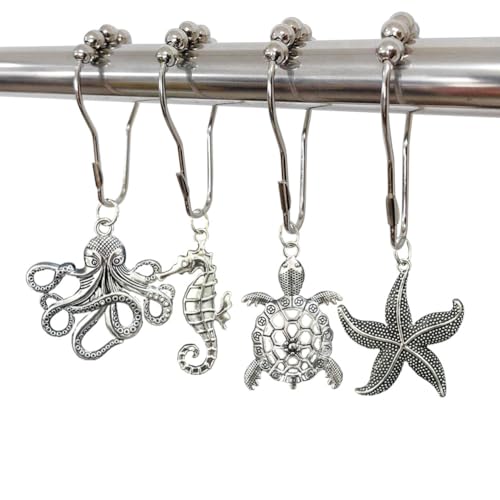 Hnfotoy 12-Pack Rust-Resistant Stainless Steel Shower Curtain Hooks Rings with Cute Zinc Alloy Marine Animal Pendants - Seahorse, Starfish, Octopus, Sea Turtle - Silver