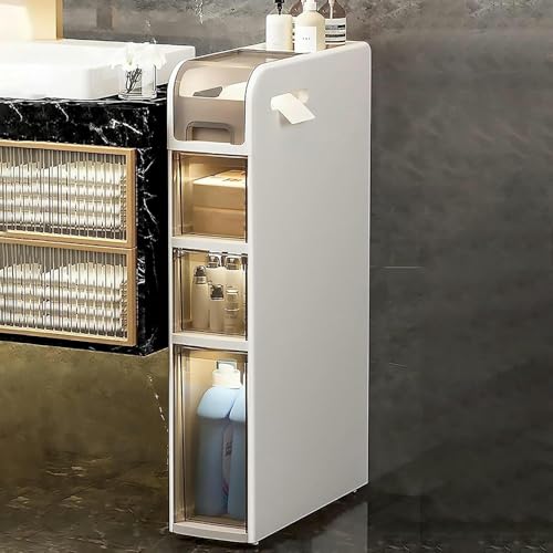 Stackable Storage Cabinet with Clear Drawers and Casters Large Capacity Narrow Vertical Dresser Tower 4 Tier Slim Toilet Paper Storage Cabinet
