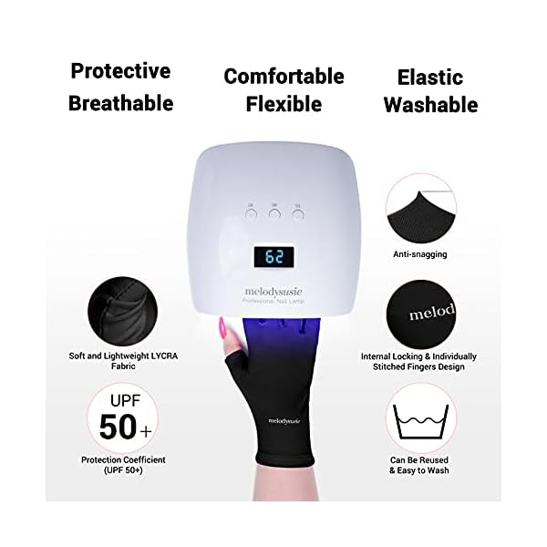 MelodySusie-UV-Glove-for-Gel-Nail-Lamp-Professional-UPF50-UV-Protection-Gloves-for-Manicures-Nail-Art-Skin-Care-Fingerless-Anti-UV-Sun-Glove-Protect-Hands-from-UV-Harm-Sunburn-Home-Outdoor-Use MelodySusie UV Gloves for Gel Nail Lamp, Professional UPF50+ UV Protection Gloves for Manicures, Art Skin Care Fingerless Glove for Women Men Protect Hands from Sun and Nail Dryer Harm (Black)