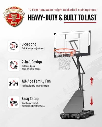 Image of Seray Basketball Hoop 40Inch Shatterproof Backboard, 3.4-10FT Height Adjustable, Rust-Resistant Poolside Goal, Portable Court for Adults /Kids, Indoor & Outdoor Rim