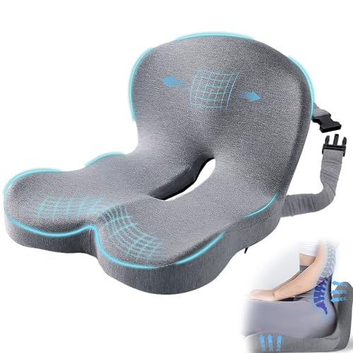 Image of Car Seat Cushion, Memory Foam Driving Cushion with Adjustable Strap, Ergonomic Pad for Car & Semi Truck, Office Chair Cushion for Sciatica & Lower Back Pain Relief, Light Gray
