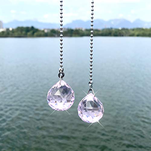 Image of Ceiling Fan Pull Chain, 2pcs 30mm Diameter Prism Ball Extension Chains with Decorative Light Bulb and Fan Cord (Pink)