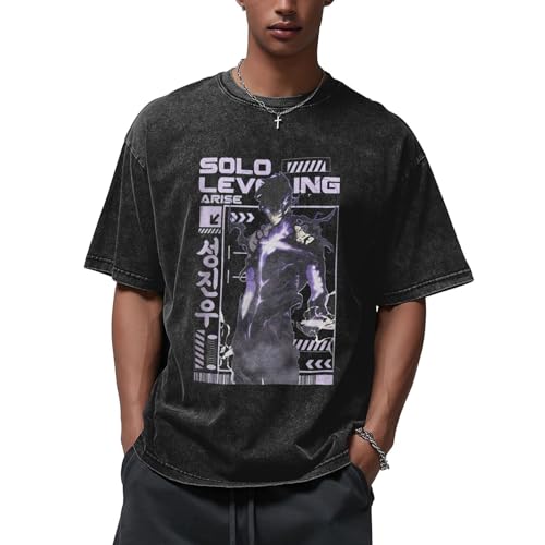 Solo Manga Leveling Men Vintage Short Sleeve Shirts Washed Casual Cotton Tees Tops Novelty Style for Old Loose T-Shirts
