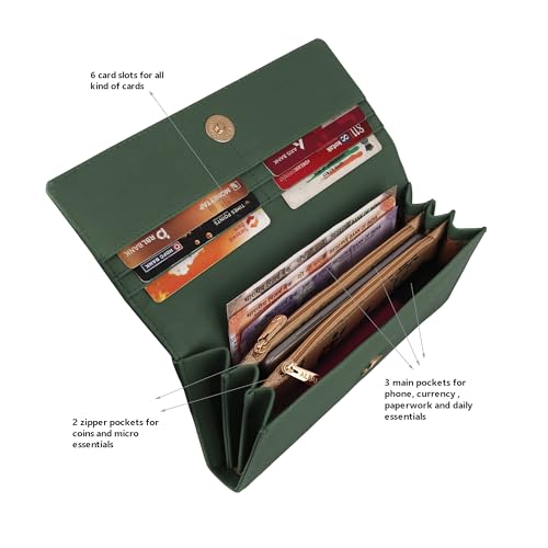 Image of ALSU Premium Vegan Leather Women's Wallet Black | Elegant Clutch Purse with 6 Card Slots, 3 Main Compartments & Phone Pocket | Designer Wallet for Everyday Use (Green)