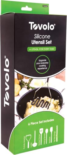 Image of Tovolo Silicone Cooking Utensil Set of 6 Stainless Steel Handle Ladle Slotted Turner Tongs Flex Core Spatula Scraper Mixing Spoon & Potato Masher, Dishwasher Safe BPA Free Utensils, Charcoal Gray