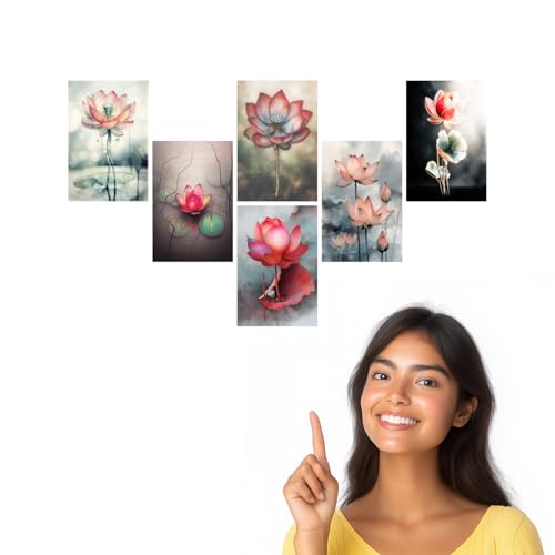 Image of SiddArtify Lotus Flower Wall Art Prints Set - Watercolor Floral Poster Decor for Living Room Bedroom Office - Set of 2-4x6 Inch - Board (Pack of 6) - Sticker (Pack of 6)