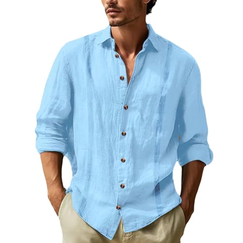 Camisa De Lino De Algodón Guayabera Cubana para Hombre Primavera Verano Camisa De Manga Larga con Solapa Suelta De Color Sólido L