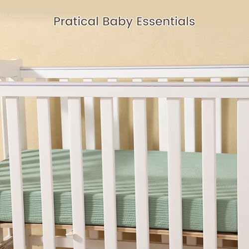 Image of david's kids Muslin Mini Crib Sheets, 2 Pack Cotton Pack N Play Sheets for Boys Girls Neutral, Soft Breathable Baby Sheets Fit Pack N Play, Playard and Mini Crib Mattresses, Oat Milk & Sage Green