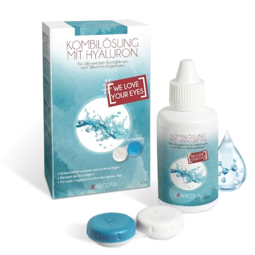 aricona Kontaktlinsen Fluessigkeit - 60ml Kontaktlinsenflüssigkeit mit Hyaluron - All-In-One Kontaktlinsen Pflegemittel inklusive Behälter