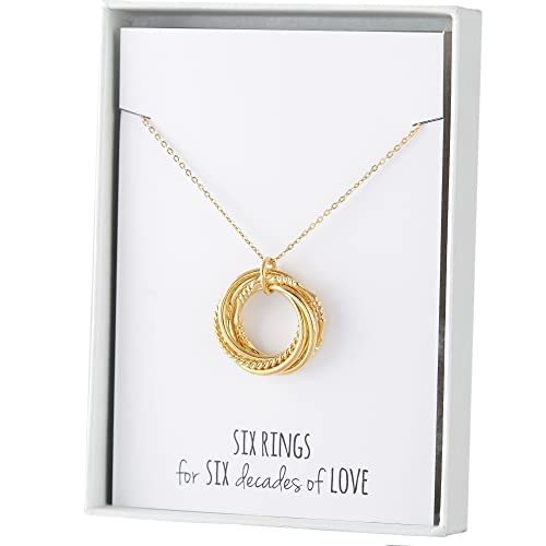 CENTIME 60th Birthday Necklace for Mom, 6 Rings For 6 Decades Necklace, 60th Birthday Gifts for Women, Christmas Gifts For 60 Years Old, 925 Sterling Silver 18K Gold Plated