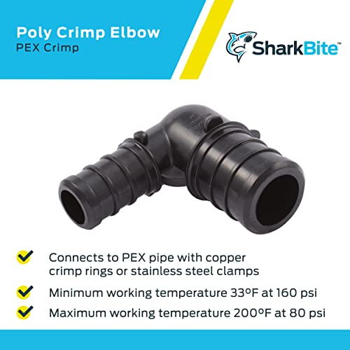 Image of SharkBite 3 /4 x 1 /2 Inch Poly Crimp 90 Degree Reducing Elbow, Pack of 5, PEX Pipe, PE-RT, UP274A5
