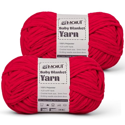 Image of Fluffy Chunky Yarn for Crocheting, Chenille Crochet Yarn 6 Super Bulky, 2 Pack of 87.9 yds /4.23 oz Baby Blanket Yarn, Soft Velvet Yarns for Knitting Amigurumi&DIY Crafts /Hats /Socks(2 Red)