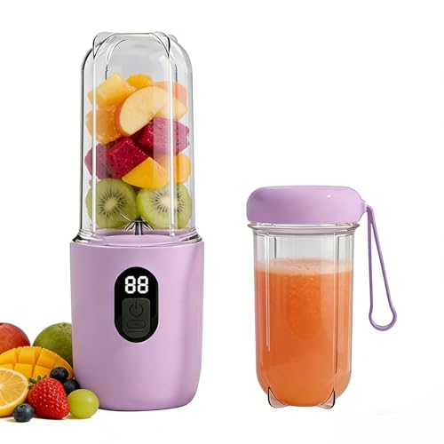 Batidora portátil de 500 ml, batidora con pantalla digital y 16 cuchillas de acero inoxidable, mini exprimidor recargable por USB-C, sin BPA, para batidos, para cocina, viajes, gimnasio (morado)