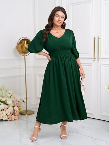 Image of SCOMCHIC Women Plus Size Dresses V Neck 3 /4 Sleeve Smocked High Waist Summer Flowy A Line Maxi Dress