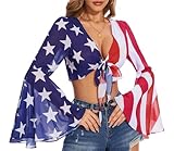 Patriotic Shirts for Women 4th of July Bell Sleeve Top V Neck Crop American Flag Top American Flag L