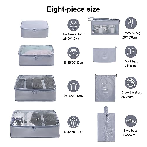 Image of OSDUE 8 Set Packing Cubes for Suitcases, Light Packing Cubes for Travel, Various Sizes Organizer Bags Set for Travel Accessories Travel Essentials,Travel Cubes for Carry on Suitcases (Grey)