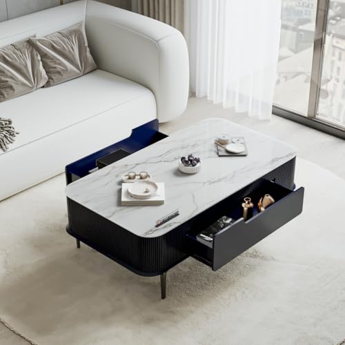 Image of DecorNation Valencia Faux Marble Coffee Table - Modern Center Table for Living Room, Metal Legs, Midnight Azure Finish | Living Room Furniture, Centre Table with Storage Drawer