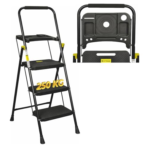 HYTAMA Scala Scaletta Sgabello Pieghevole 'BLACK MAX PLUS' CON VASCHETTA PORTA ATTREZZI Salvaspazio con Gradini Antiscivolo e Impugnatura Soft in Gomma per Sicurezza Portata max150kg (3 Gradini)