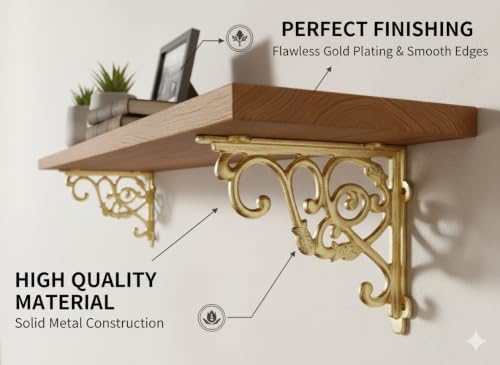 Image of Metal Handcrafted Shelf Bracket for Floating Shelves Decorative L Angle Shaped Corner Brace Joint Heavy Duty Wall Mounted Supporter Corner Brace Holder (Gold, 8.5 inch (21.5 cm))