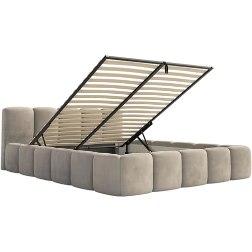 Selsey Polsterbett 200x200 cm Modernes Design, Stabiler Metallrahmen mit Gasdruckfedern Piano-Veloursstoff in Taupe Bett mit Bettkasten Maximale Belastung 250 kg – Bild 5