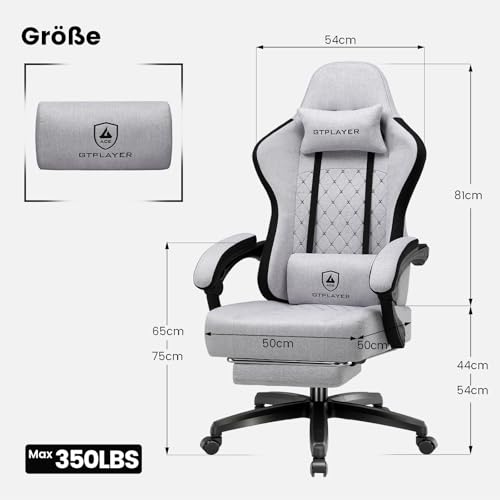 Image of GTPLAYER Gaming Chair Fabric, Gaming Chair with Pocket Spring Cushion, Ergonomic Swivel Chair, Gamer Chair with Footrest, 150 kg Load Capacity, Light Grey